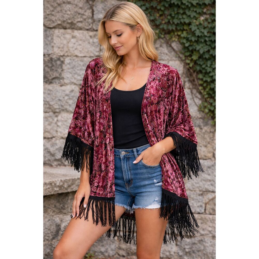 Oh My Love Velvet Burnout Floral Kimono Fringe Duster Boho Festival Layer Size S